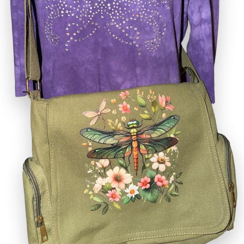 Cottagecore botanical dragonfly canvas messenger